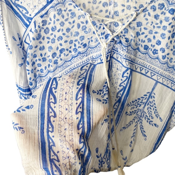 Free People Geometric Flowy Gauze Semi Sheer Boho Dolman Batwing Rope Tie Top XS - Picture 5 of 10